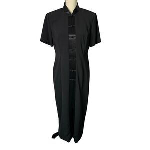 Bedford Fair Lifestyles Maxi Dress 12P Black Short Sleeve Faux Knot‎ Button VTG